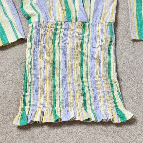 Zara Mini Dress Shirred Skirt Pastel Stripe Long Sleeve Cotton Mini Dress Large - Picture 7 of 15